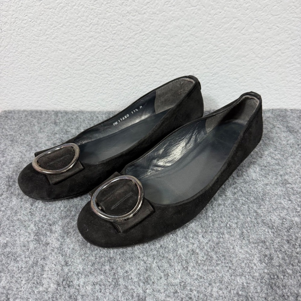 Stuart Weitzman Buckle Ballet Flat Women 11.5 M Black SuedeGEUC